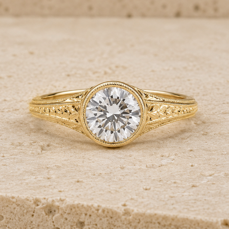 DUOMO | Vintage Hand-Engraved Engagement Ring | 14K & 18K Gold | Setting Only