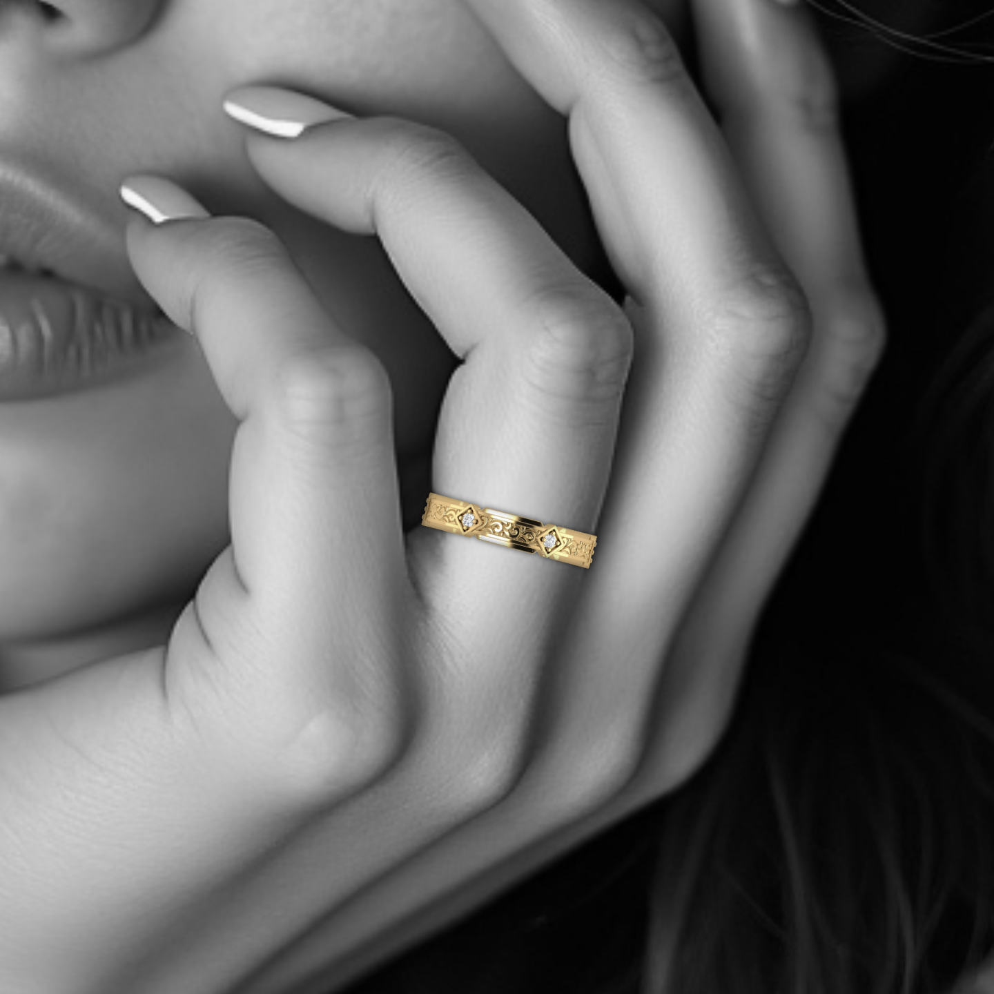 FLORENTIA. Hand-Carved Double-level Diamond Wedding Band
