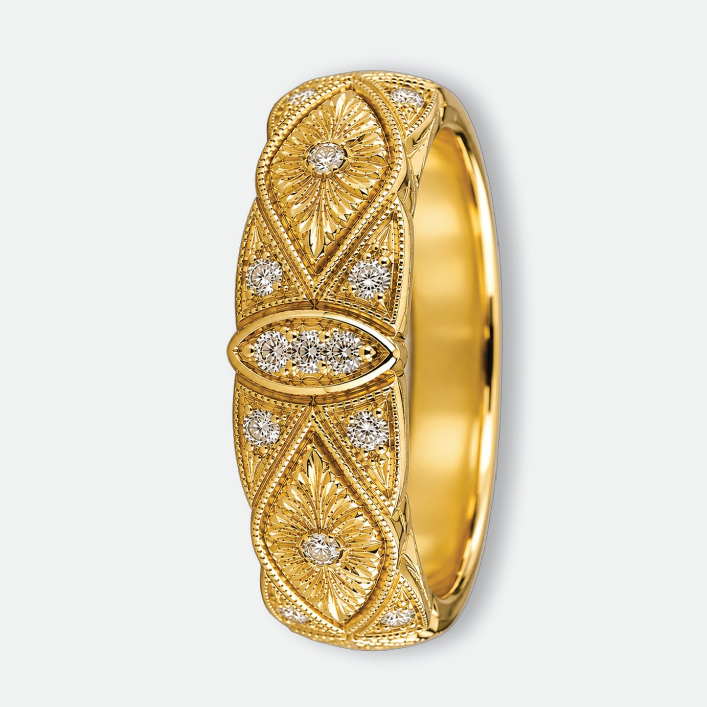 BYZANTIUM | Hand-Engraved Pave Set Diamond Wedding Band | Stacking Ring