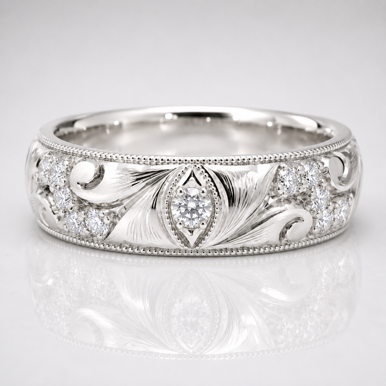 ORLEANS 14K Hand-Engraved Pave Diamond Wedding Band