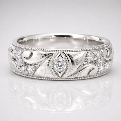 ORLEANS 14K Hand-Engraved Pave Diamond Wedding Band