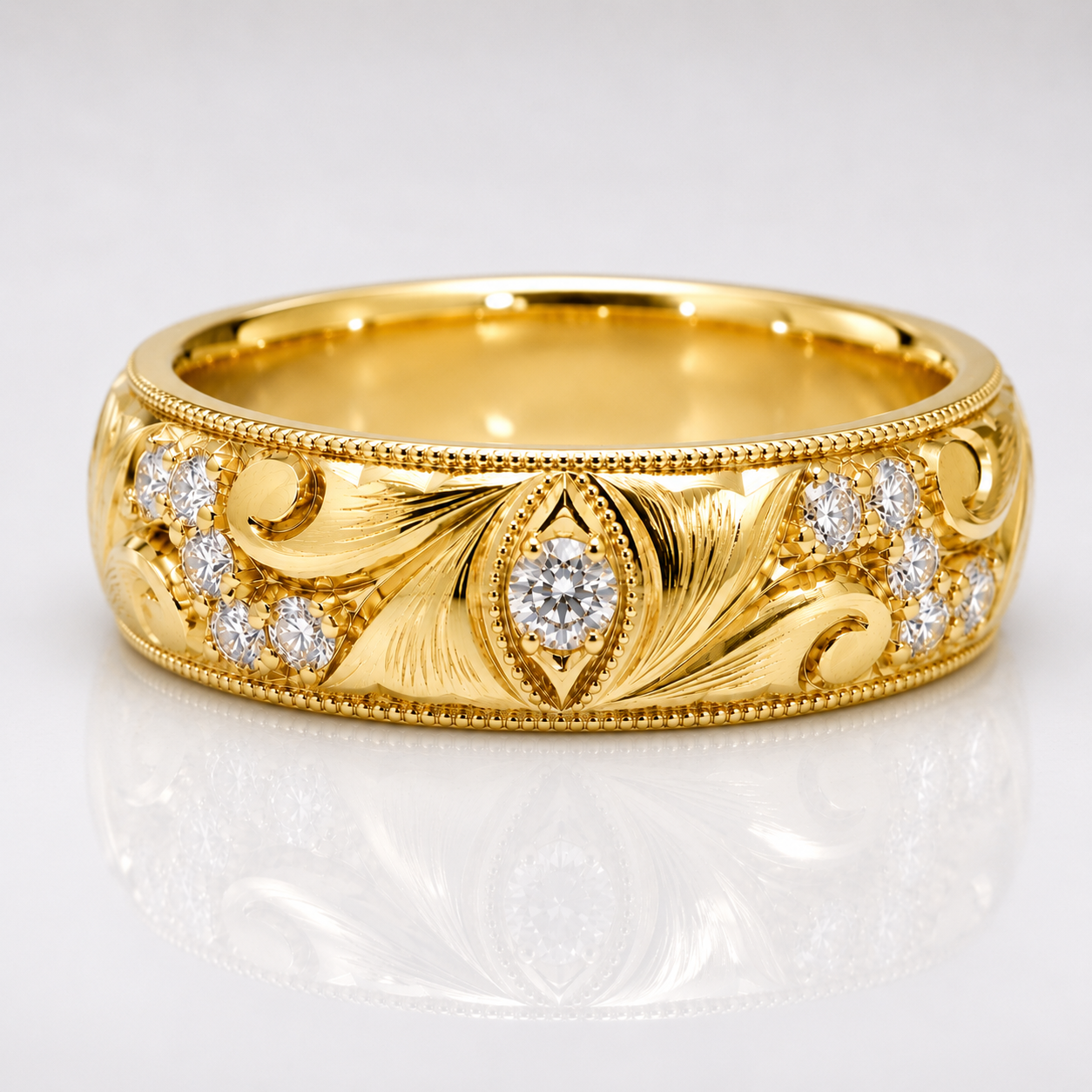 ORLEANS 14K Hand-Engraved Pave Diamond Wedding Band