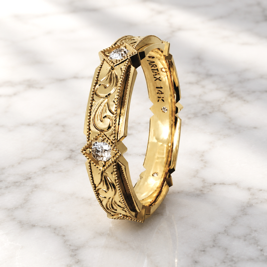 FLORENTIA | Hand-Engraved Diamond Wedding Band | 14K Gold