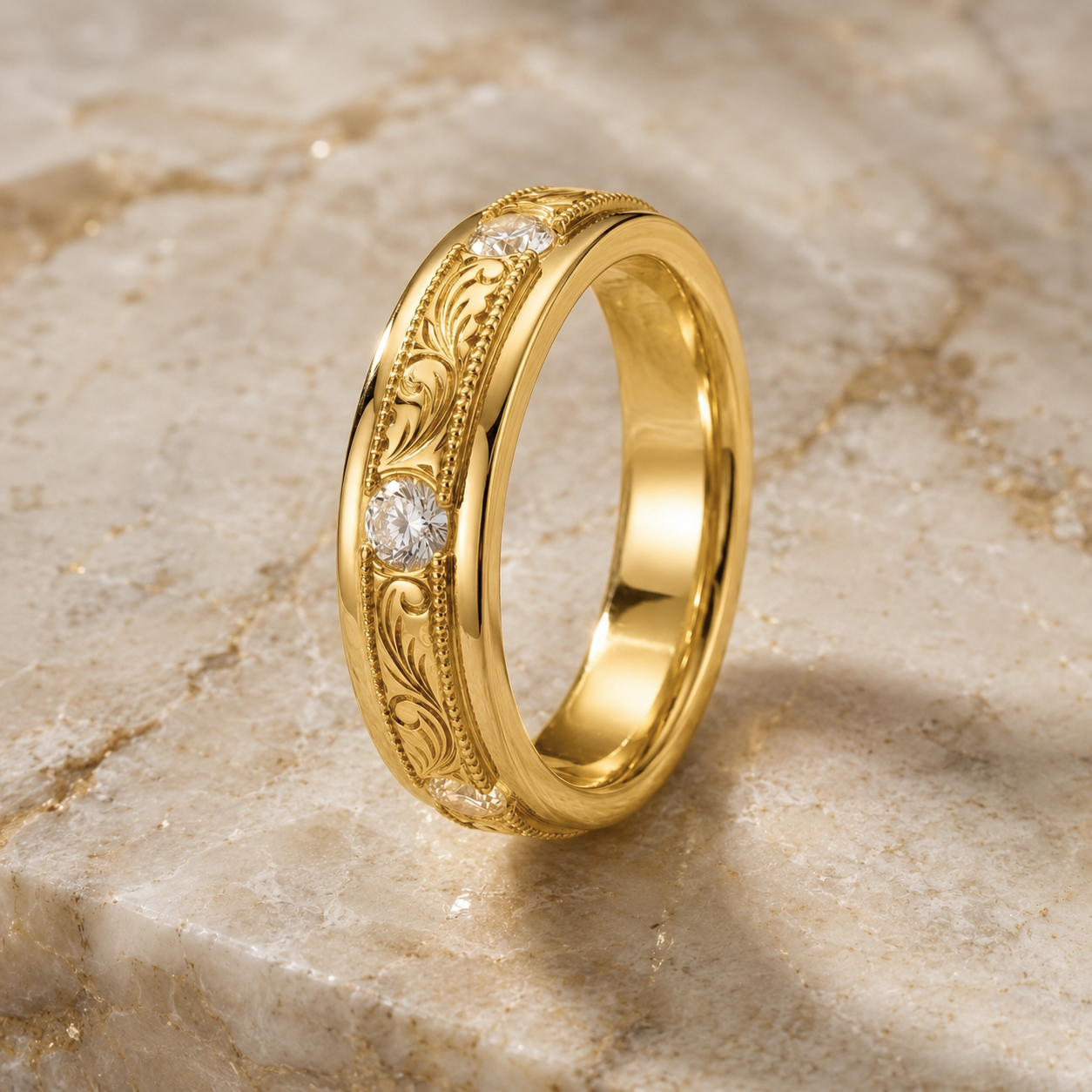VALENCIA | Hand-Engraved Diamond Engagement Ring | 14K Gold