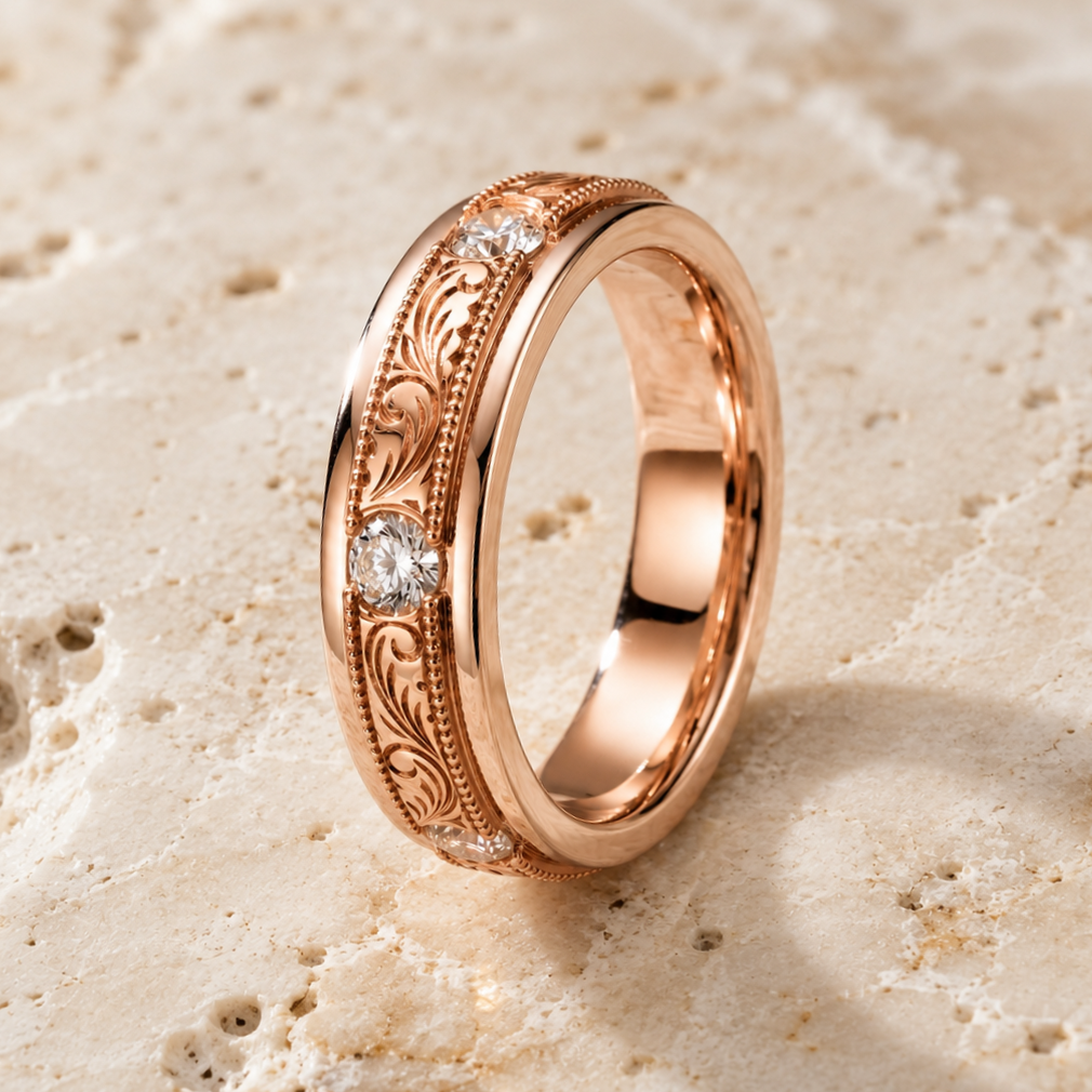 VALENCIA | Hand-Engraved Diamond Engagement Ring | 14K Gold
