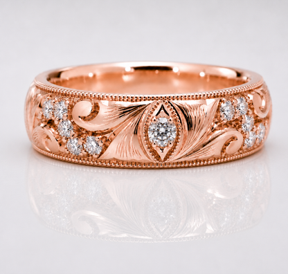 ORLEANS 14K Hand-Engraved Pave Diamond Wedding Band