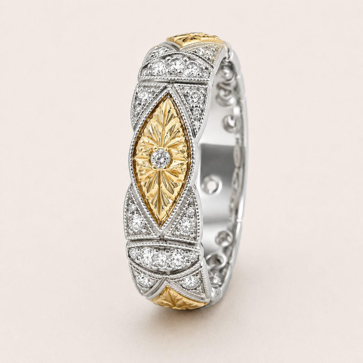 BYZANTIUM | Hand-Engraved Pave Set Diamond Wedding Band | Stacking Ring