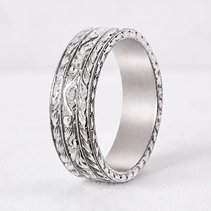 MAGNA | Wide Unisex Hand-Engraved Cigar Wedding Band | 14K & 18K Gold