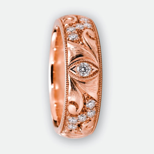 ORLEANS 14K Hand-Engraved Pave Diamond Wedding Band