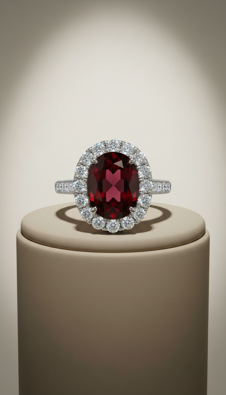 Platinum Garnet Halo Ring