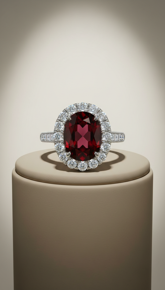Platinum Garnet Halo Ring